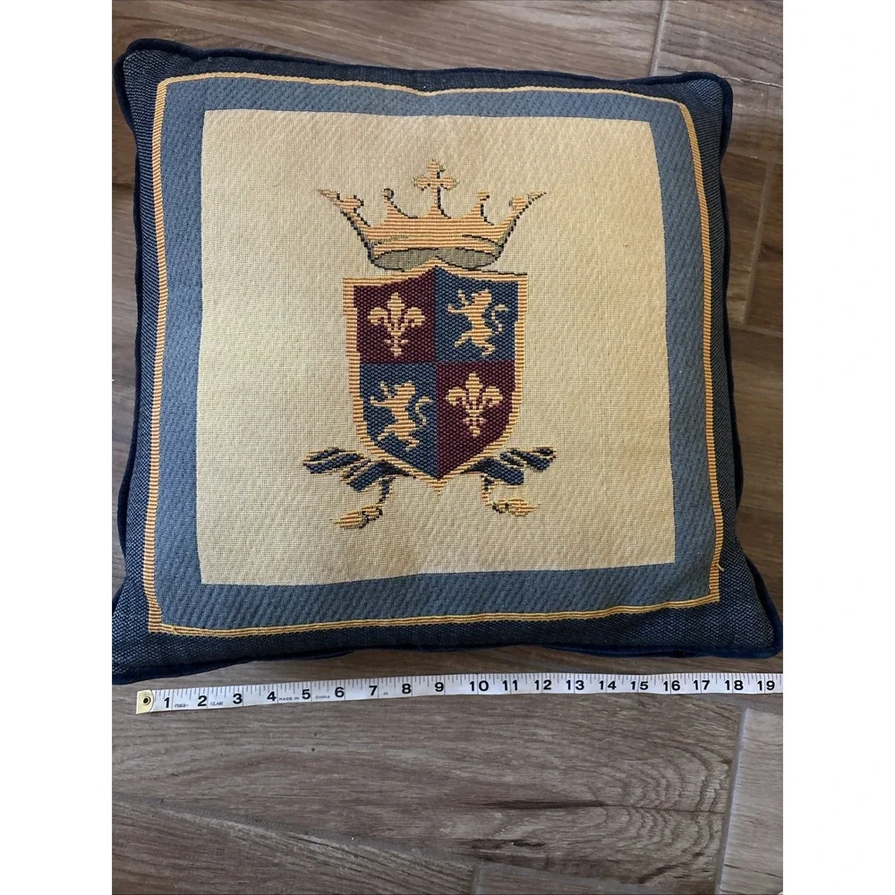 Vintage French Crown Fleur De Lys Lions Tapestry‎ w/ Blue Velvet Back 18